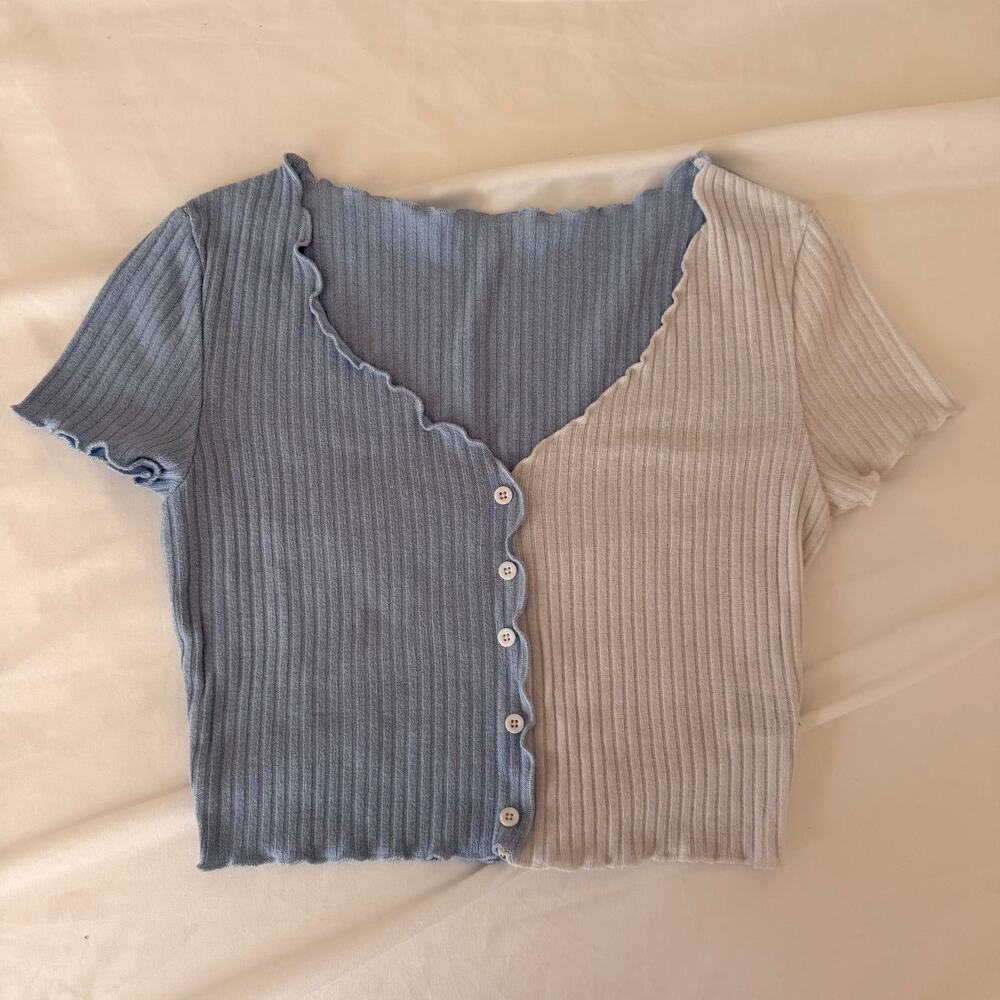 Shein Color Block Ribbed Baby Tee Small Asymmetrical Button Y2K Top - Picture 1 of 9